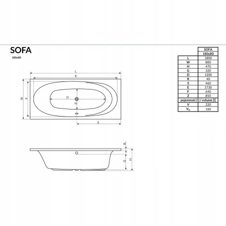 Wanna prostokątna SOFA 180x80