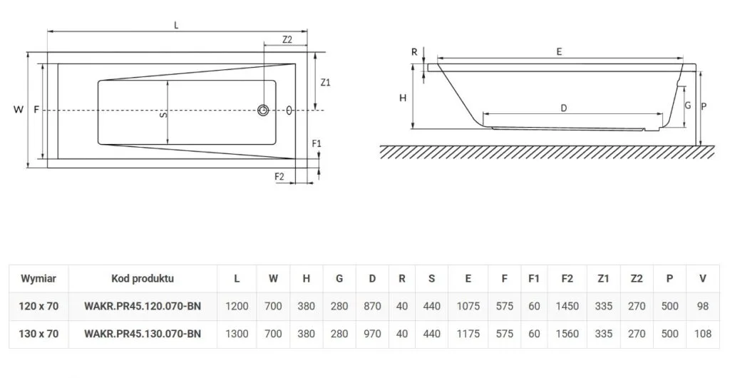 WANNA PROSTOKĄTNA quattro mini ryssunek i wymiary
