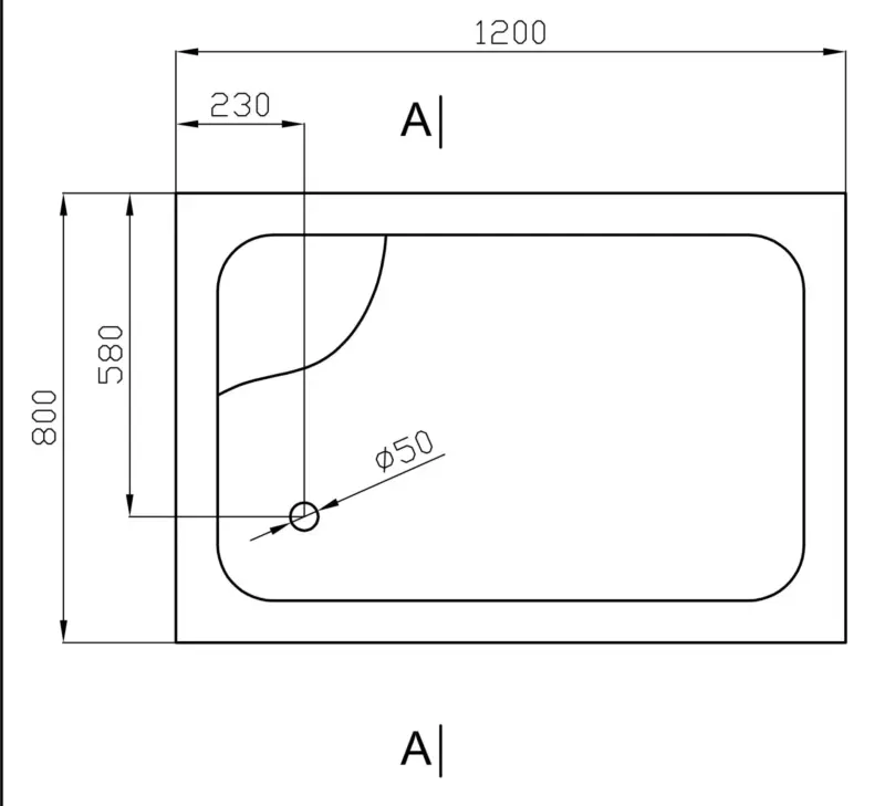 głęboki brodzik 120x80 cm rysunek techniczny rys. thomas brodzik głęboki 120x80