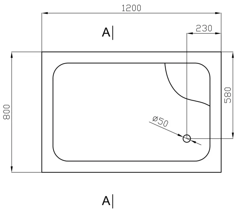 brodzik Thomas głęboki brodzik 120x80 cm rysunek techniczny