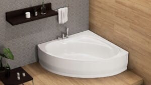 biała wanna narożna z obudową aranżacja