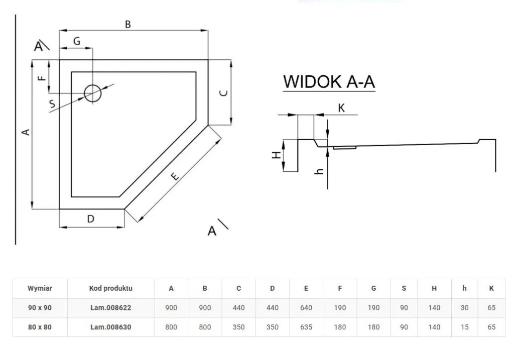 brodzik pentagonalny - rysunek techniczny GLASGOW