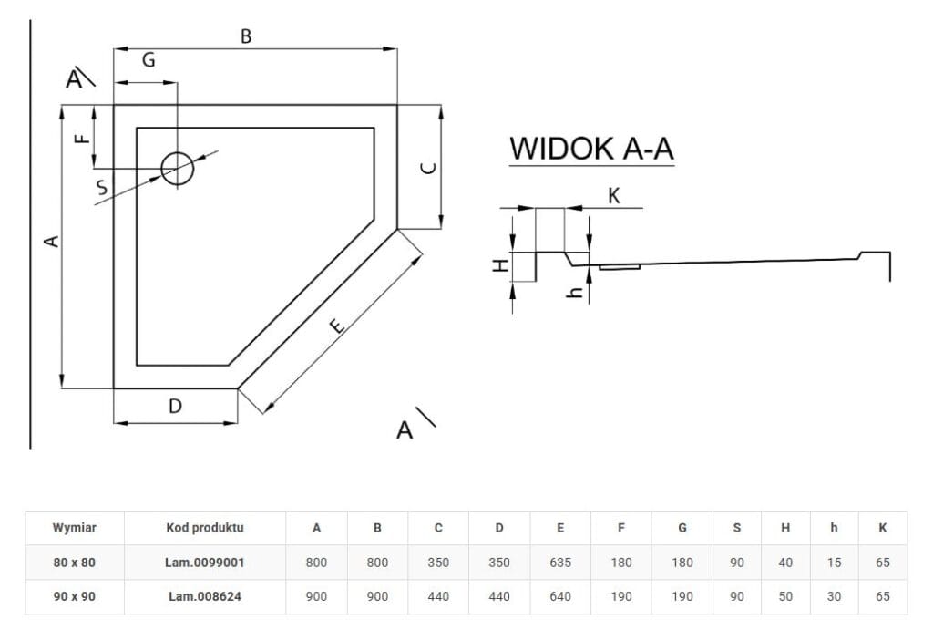 brodzik glasgow slim rysunek techniczny