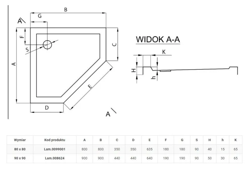brodzik glasgow slim rysunek techniczny