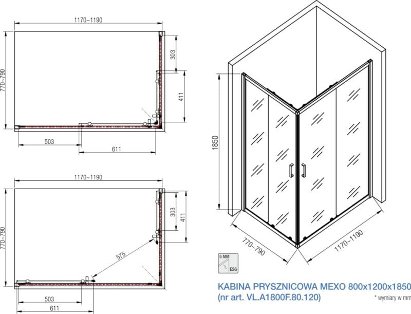 Kabina prysznicowa narożna MEXO 120x80x185 cm – nowoczesny design i wygoda na co dzień