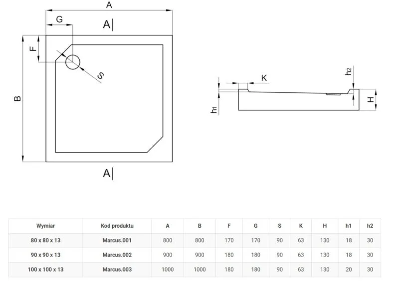 rysunek techniczny brodzika kwadratowego Marc