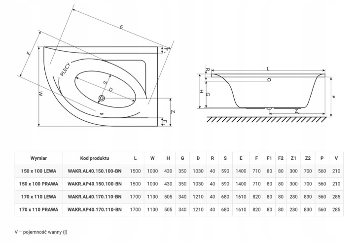WANNA Z OBUDOWĄ SYFONEM NAROŻNA LEWA ASYMETRYCZNA AKRYLOWA BIAŁA 150X100