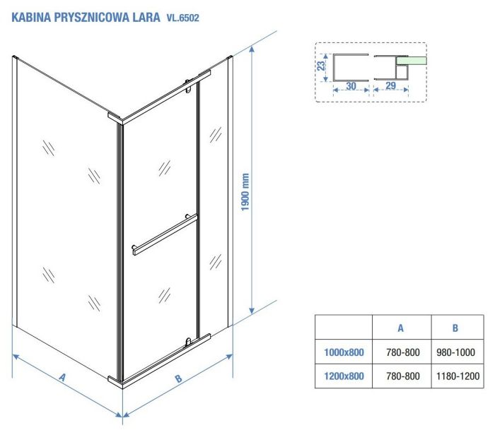 Kabina prysznicowa natryskowa narożna prostokątna uchylna 100x80x190 cm